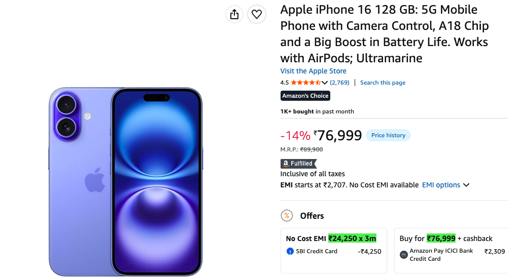 Apple iPhone 16 128 GB at amazon sale
